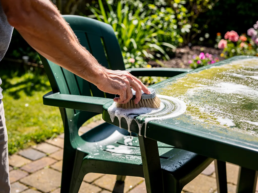 Homeowner scrubbing dark green poly outdoor furniture with a soft-bristle brush in circular motions in