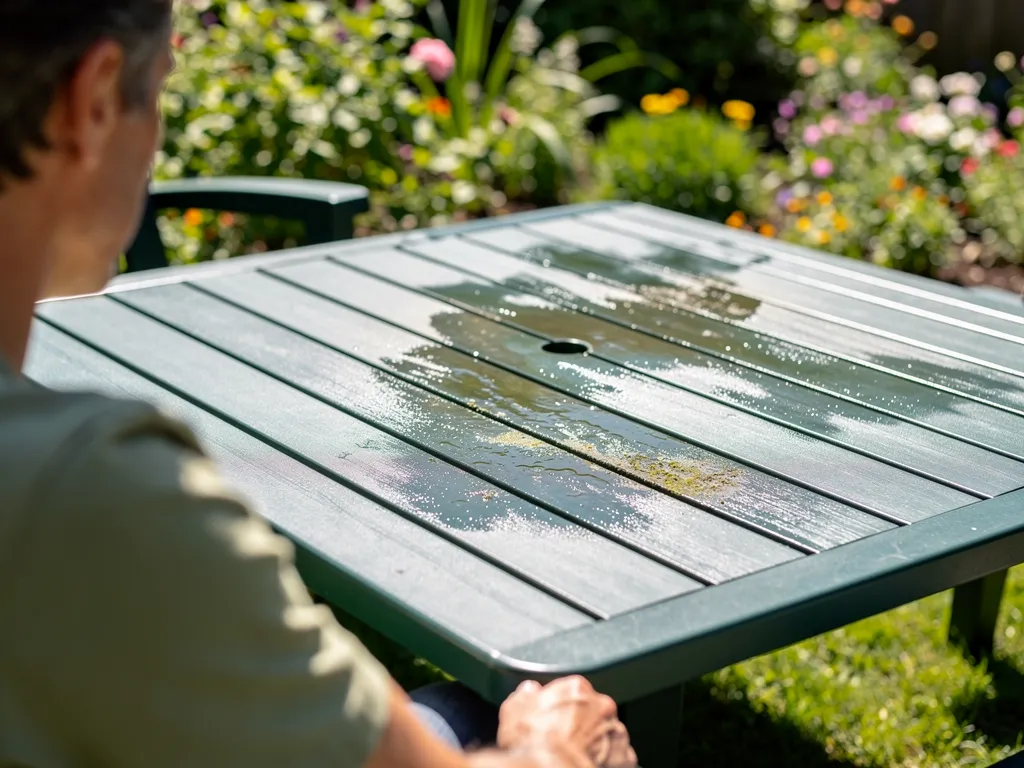 Homeowner closely inspecting mildew streaks and stains on dark green poly outdoor furniture in a