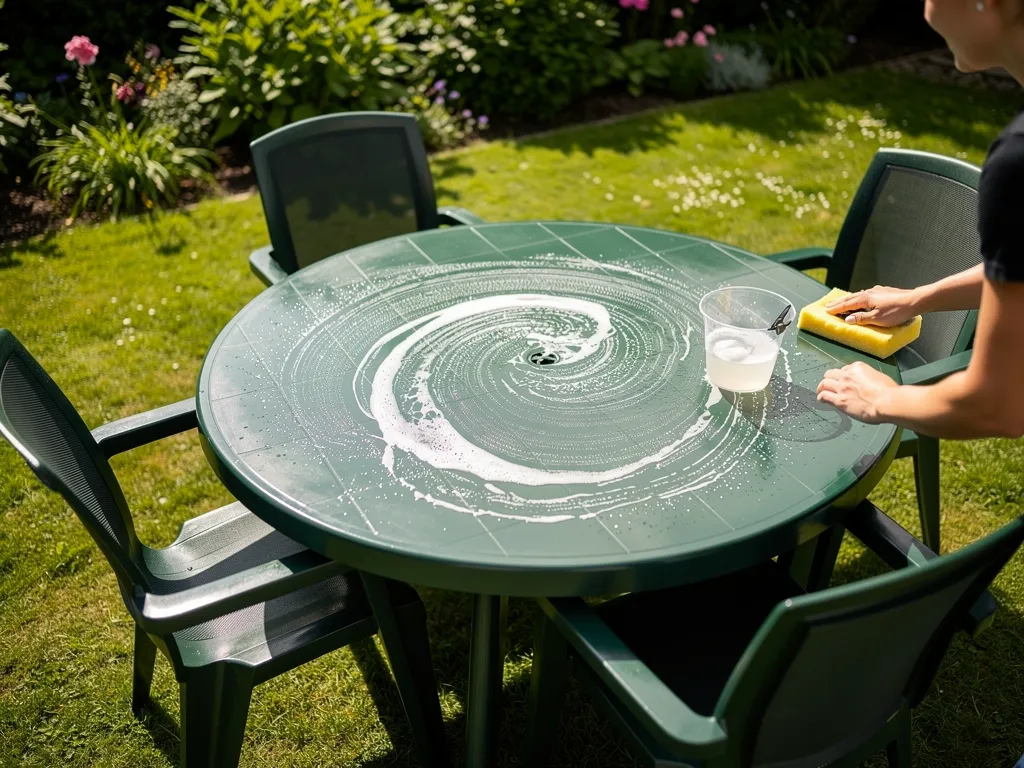 Homeowner washing surfaces of dark green poly outdoor table and chairs with soapy sponge in