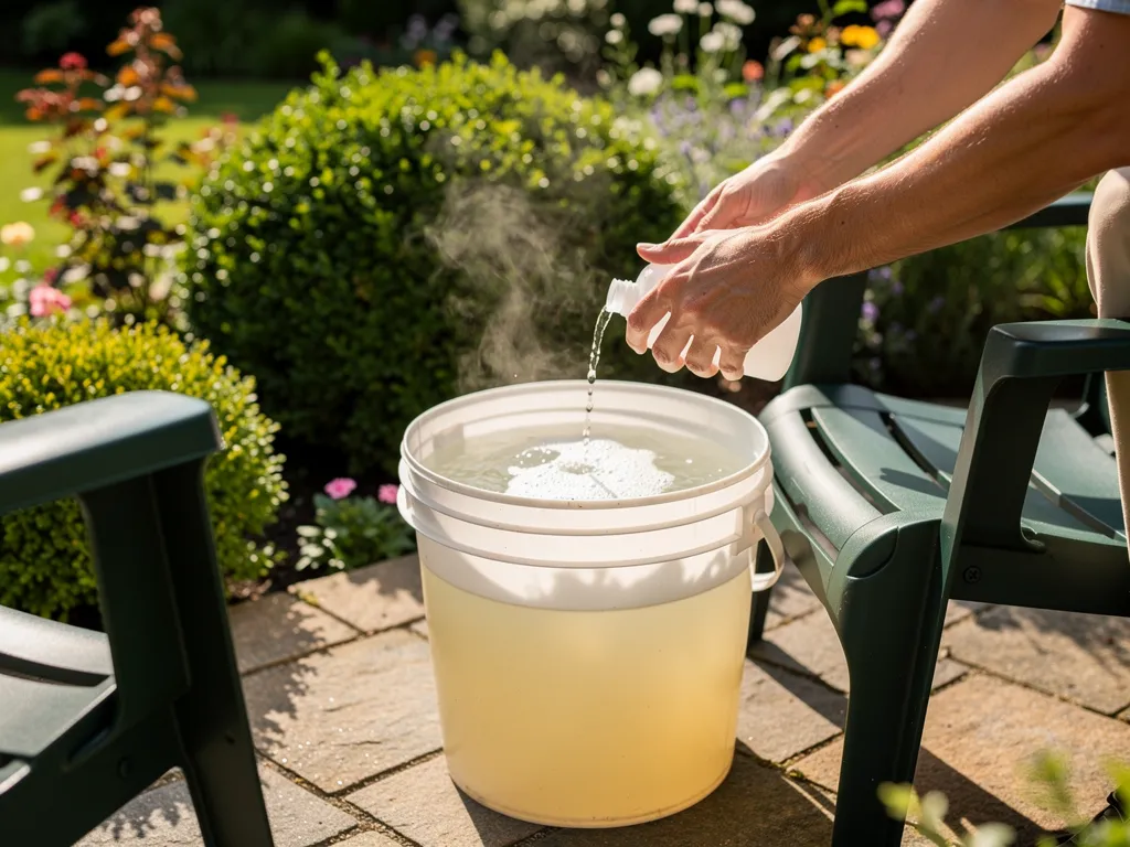 Homeowner mixing mild dish soap into a bucket of warm water beside poly outdoor furniture