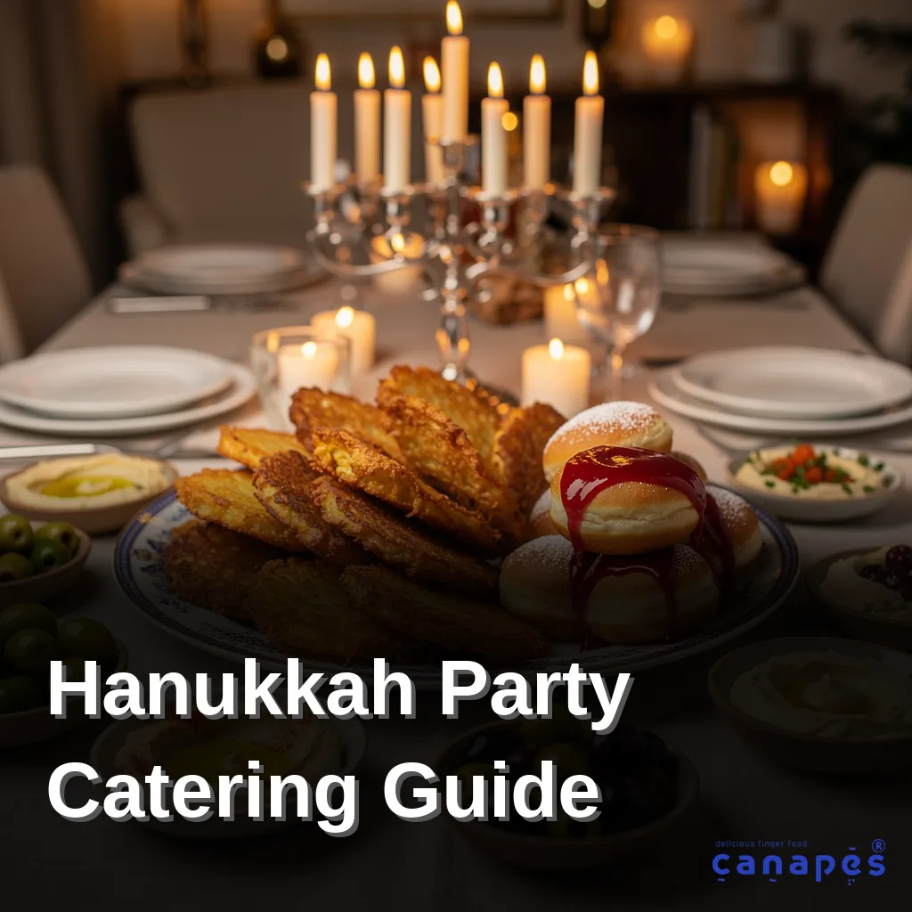 Hanukkah platter with sufganiyot doughnuts and potato latkes alongside Mediterranean finger foods