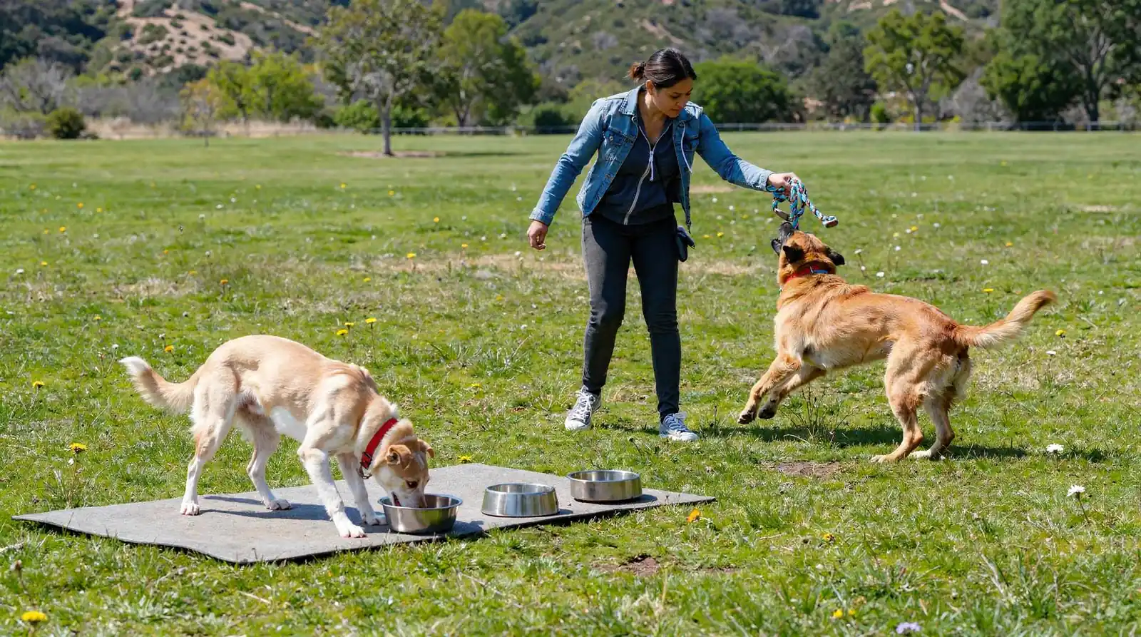 The resort's boarding model emphasizes structured daily exercise and supervision alongside consistent feeding routines.; Dogs