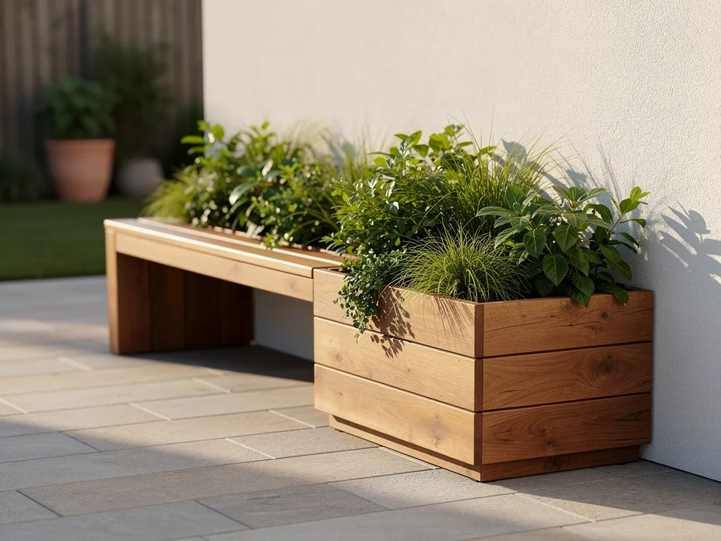 Outdoor bench with built-in planter box on a small patio, adding greenery without sacrificing floor