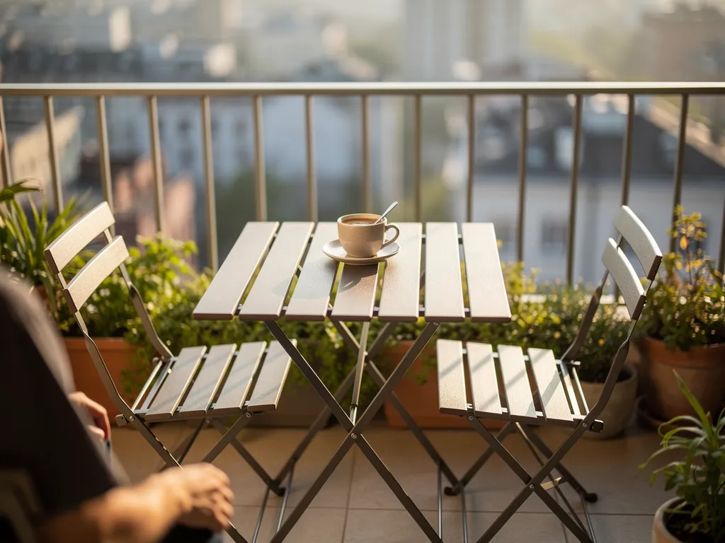 Foldable bistro set on a small balcony, compact two-seat outdoor dining furniture for tight spaces