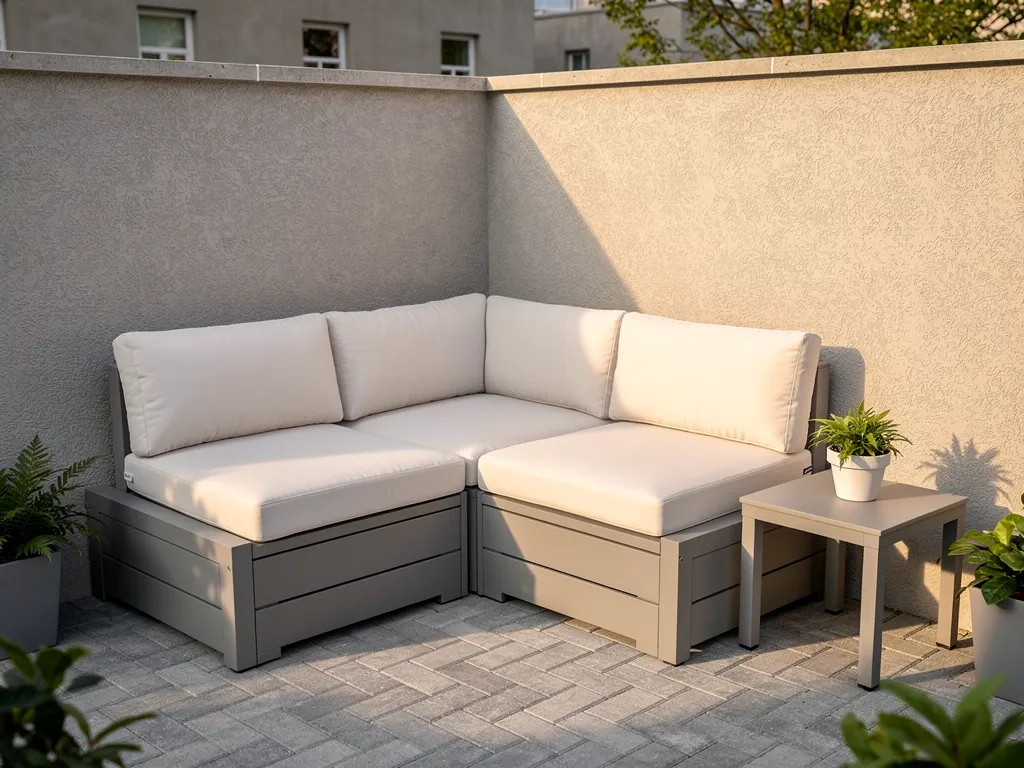 Modular poly outdoor sectional in L-shape configuration fitting a small corner patio space perfectly