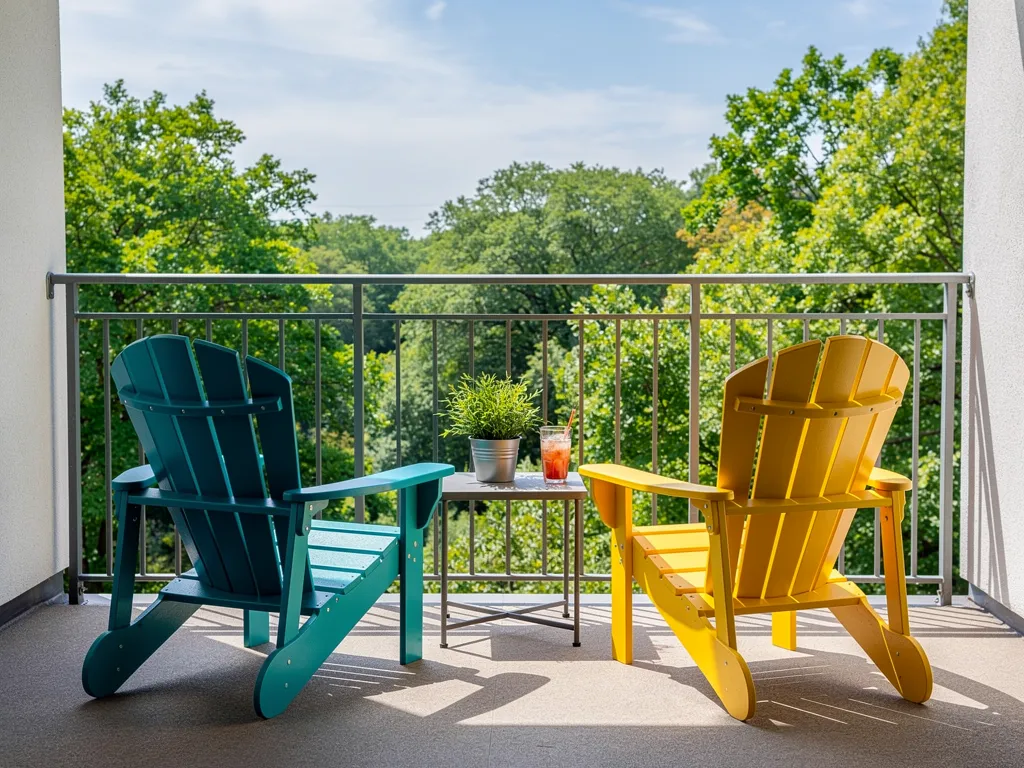 Poly Adirondack chairs on a small balcony patio, compact and maintenance-free HDPE outdoor seating