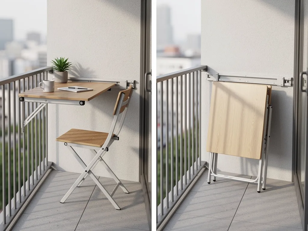 Wall-mounted folding table on a narrow balcony, folds flat against the wall for zero permanent