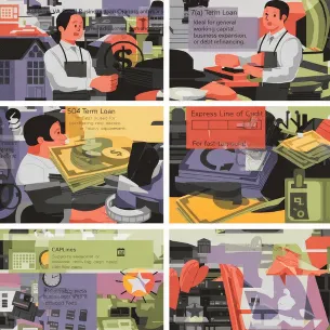 Five SBA loan program icons: 7(a), 504, Express Line, CAPLines, Veterans Advantage