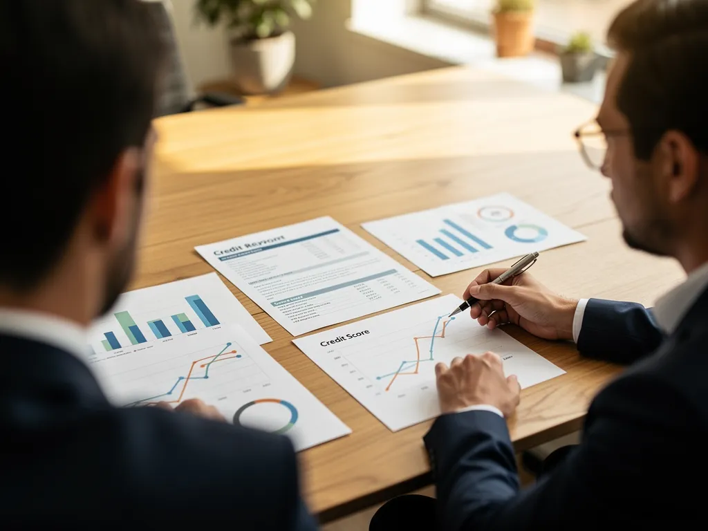 Advisor reviewing business credit factors with a client at a desk