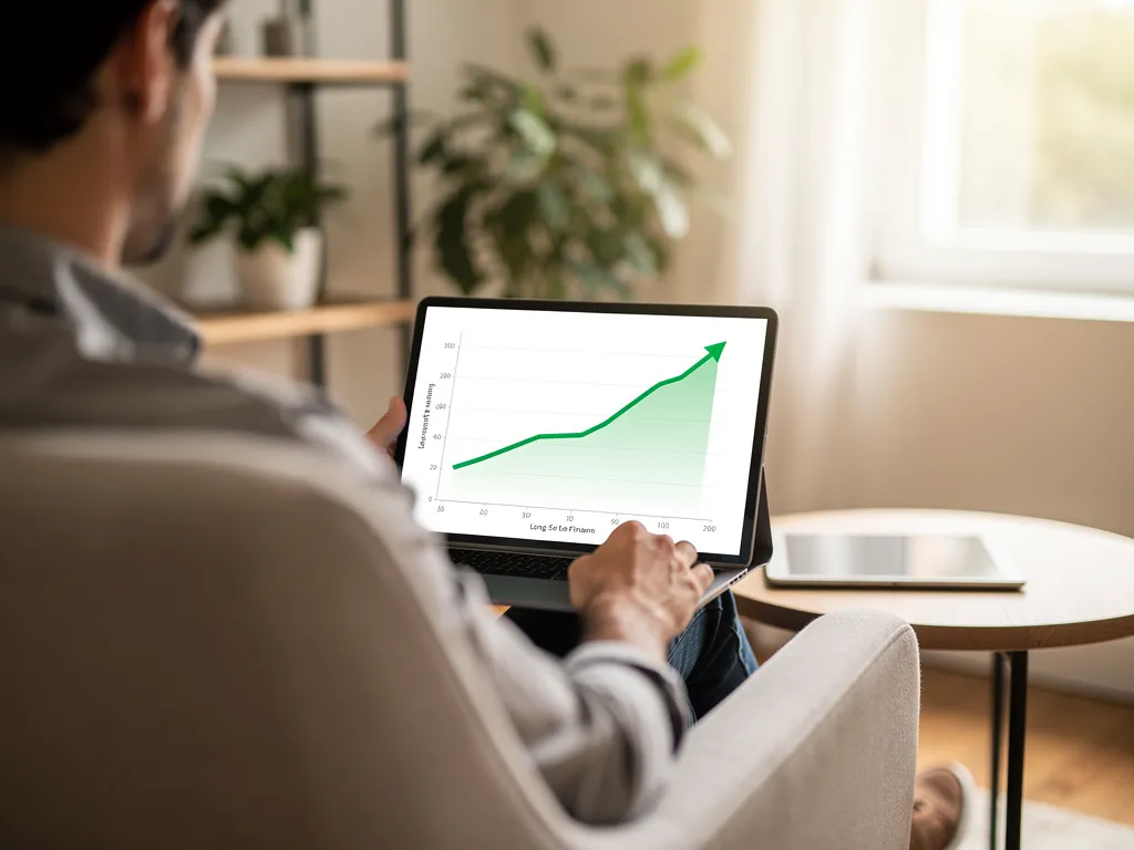 Small business owner reviewing long-term credit profile trends on a laptop