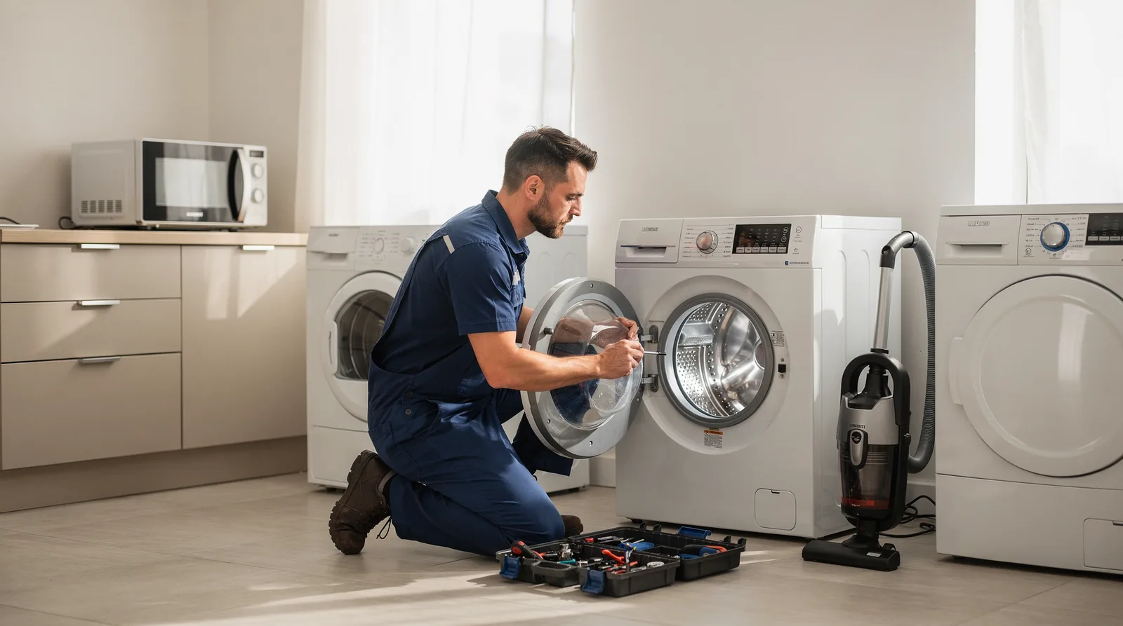 Technicians repair dishwashers, refrigerators, washing machines, and ovens among other common household appliances.; Fridge