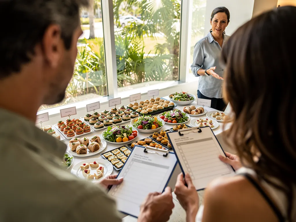 Office coordinator reviewing a catering order confirmation and menu
