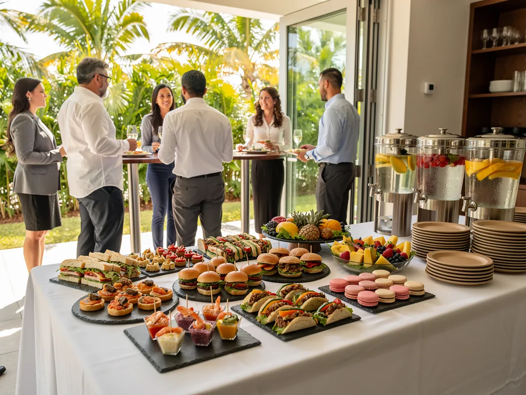 Assorted gourmet finger foods and appetizer platters for office catering