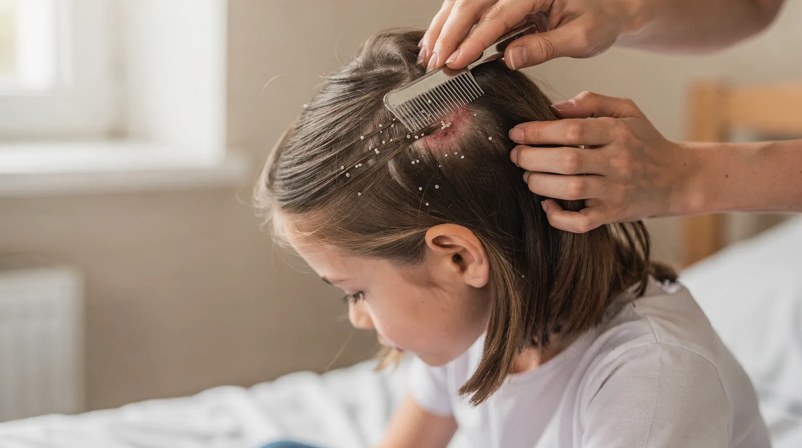 Lice bites cause an itchy, irritated scalp, and scratching can lead to infection; Nits appear Lice bites cause an itchy, irritated scalp, and scratching can lead to infection; Nits appear