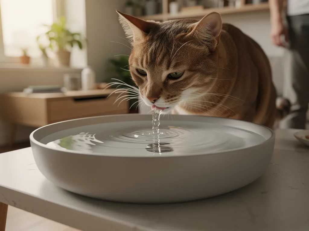 Chat qui boit dans une fontaine à eau moderne