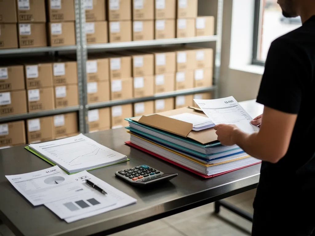 Retail store owner reviewing vendor payment terms and credit reports