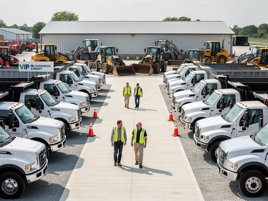 Construction trucks and heavy machinery parked in a contractor equipment yard