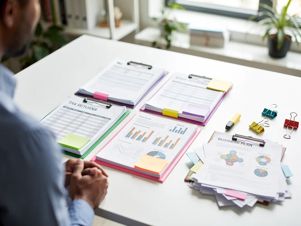 Business owner organizing tax returns and bank statements for a loan application