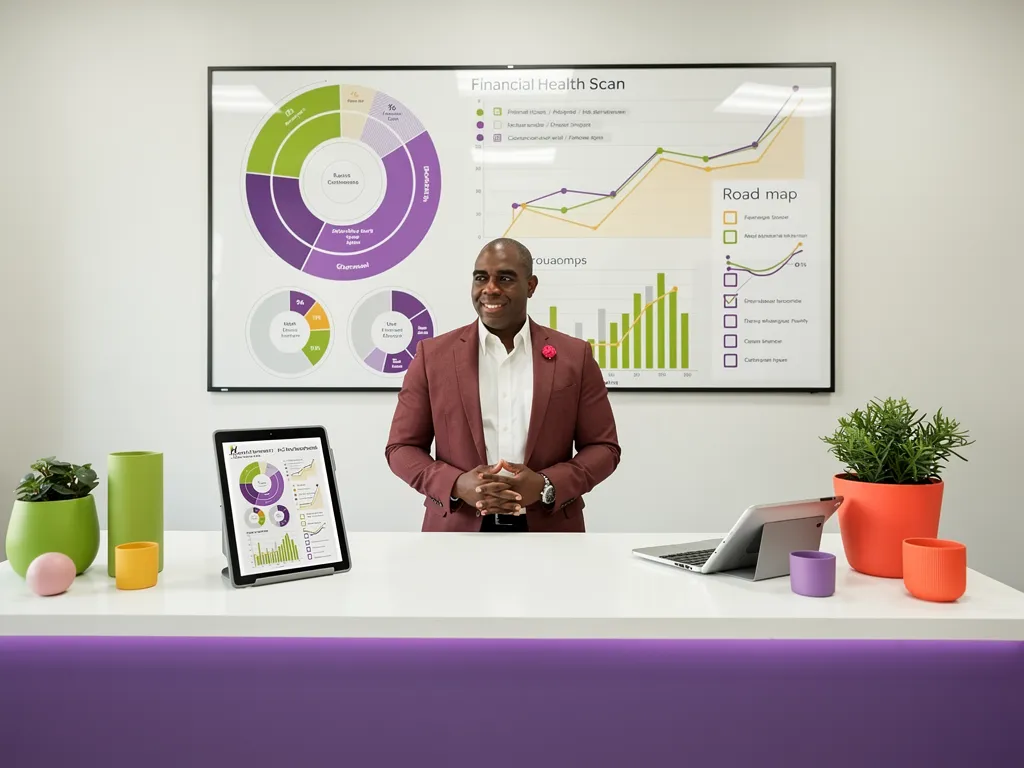 Financial advisor scanning business credit data on a laptop