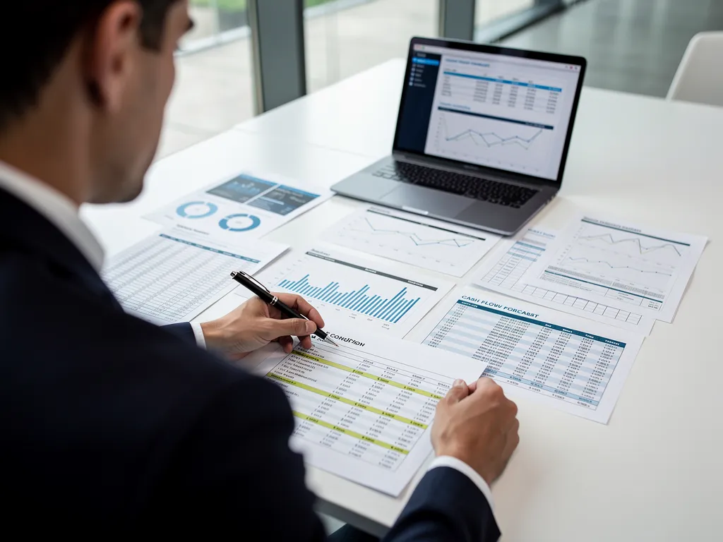 Loan officer reviewing cash flow and debt schedules with a magnifying glass