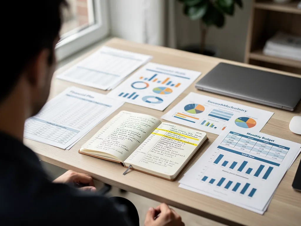Small business owner reviewing budget spreadsheets and financial charts at a desk