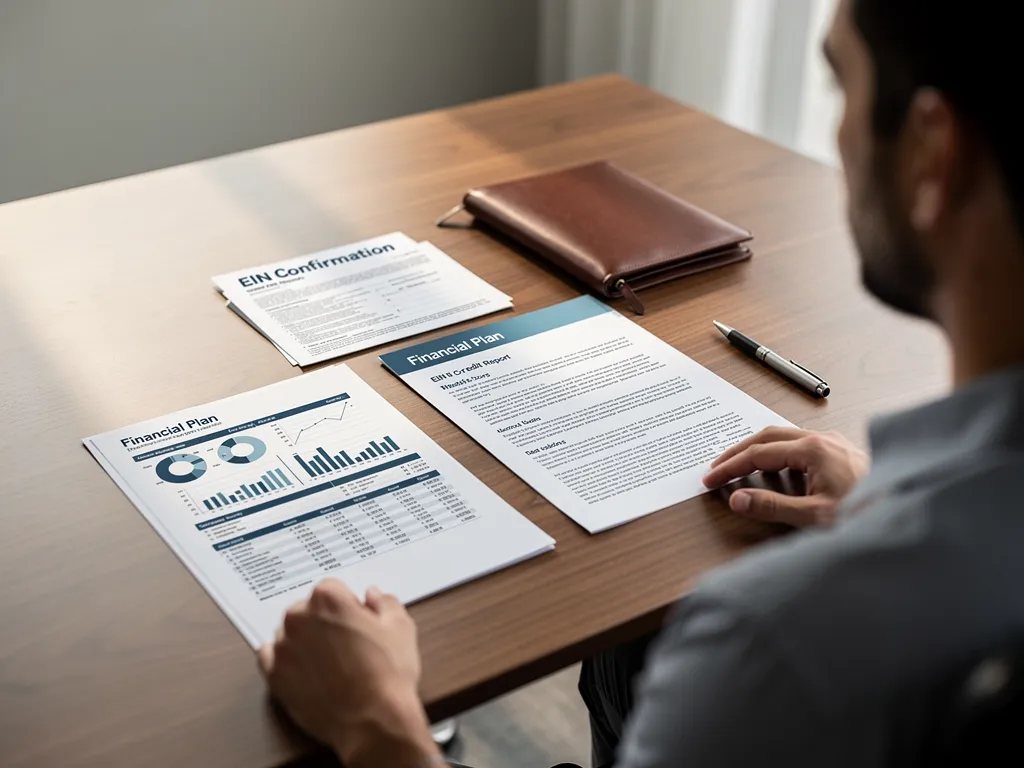 Business credit report and EIN documentation laid out next to a calculator