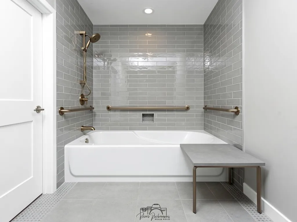 Finished accessible bathroom with walk-in shower and grab bars in a Tucson home