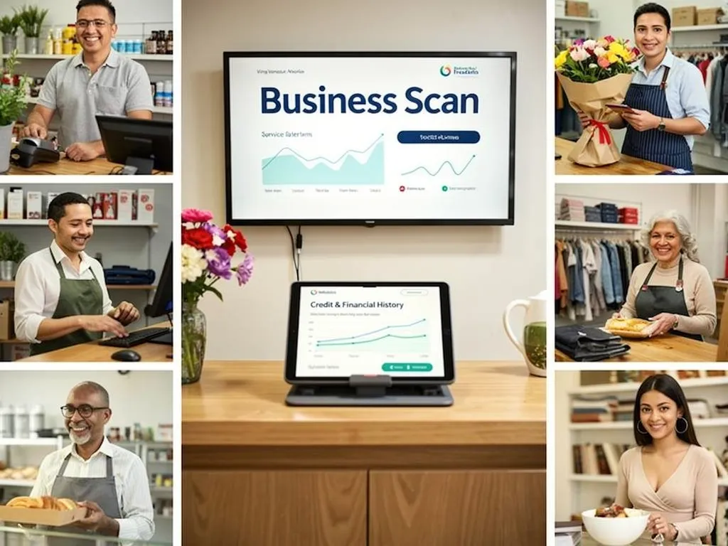 Financial analyst reviewing a data-driven business credit scan report