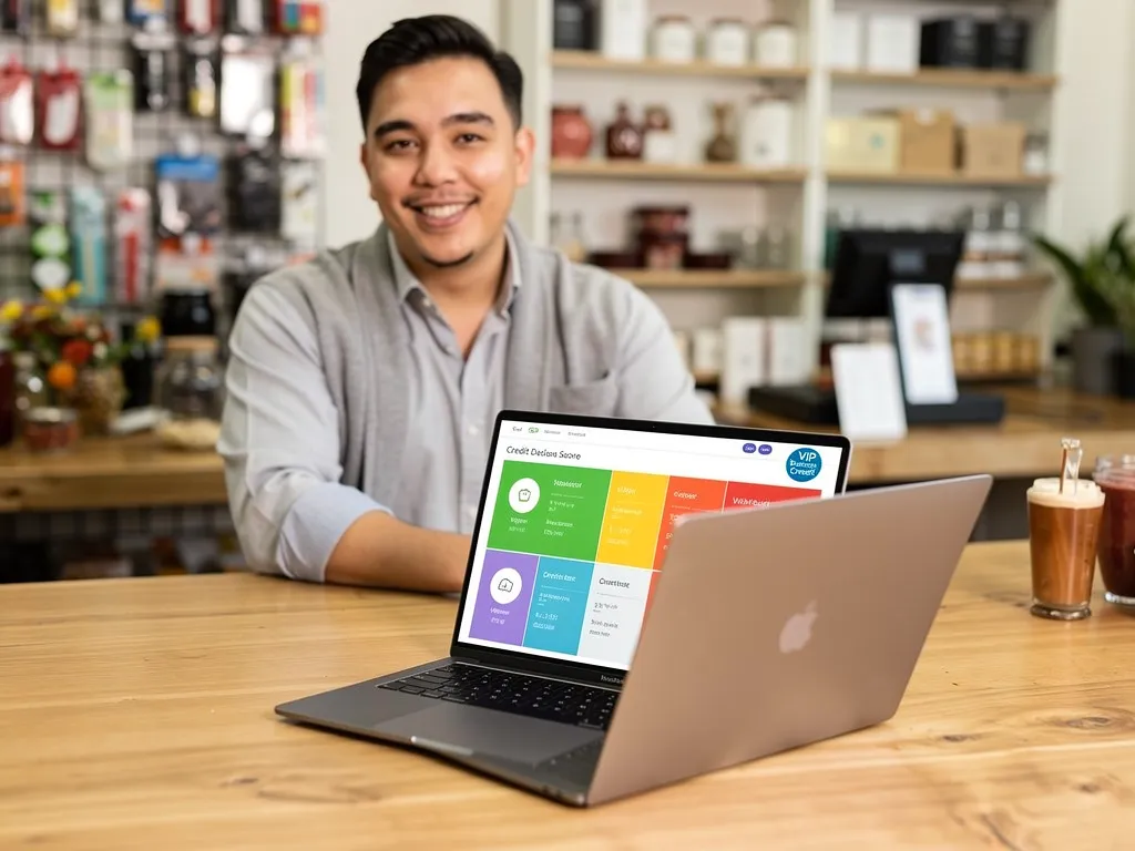Small business owner reviewing credit score dashboard on laptop