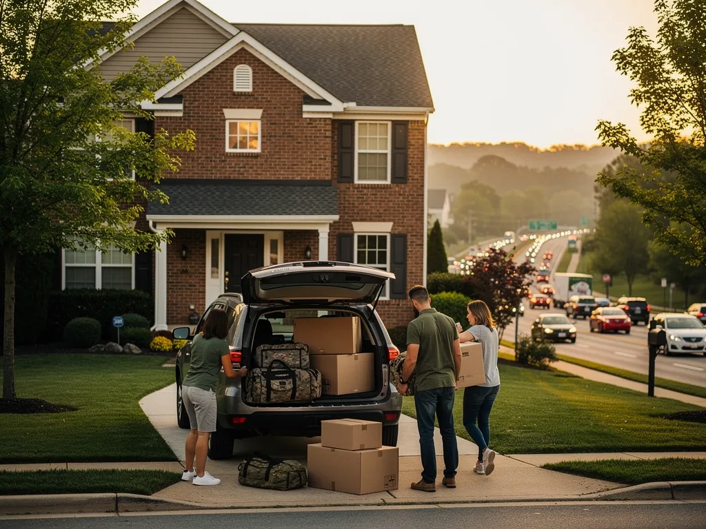 Military family unloading moving boxes at a new home