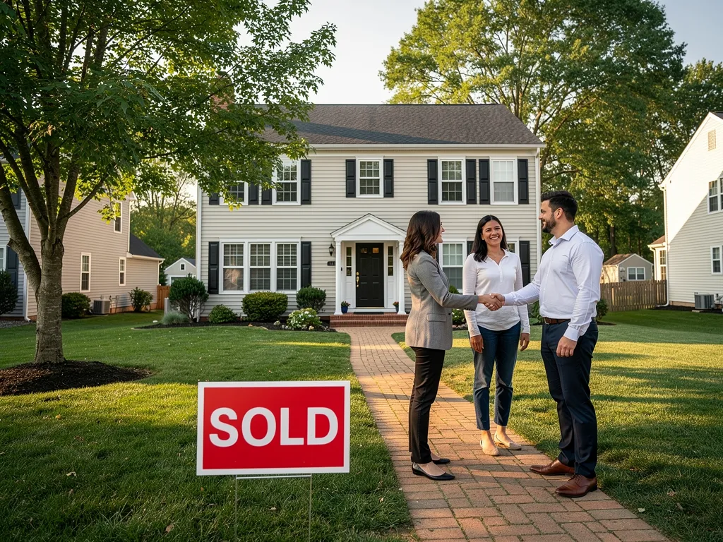 Agent shaking hands with a couple outside a home