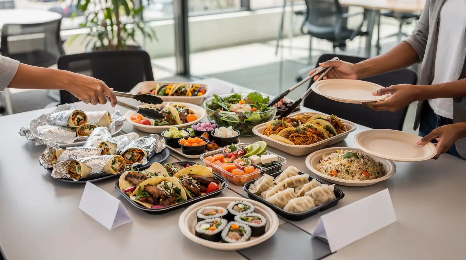 Office dining programs typically offer three tiers: boxed lunches, recurring meal programs, and fully managed