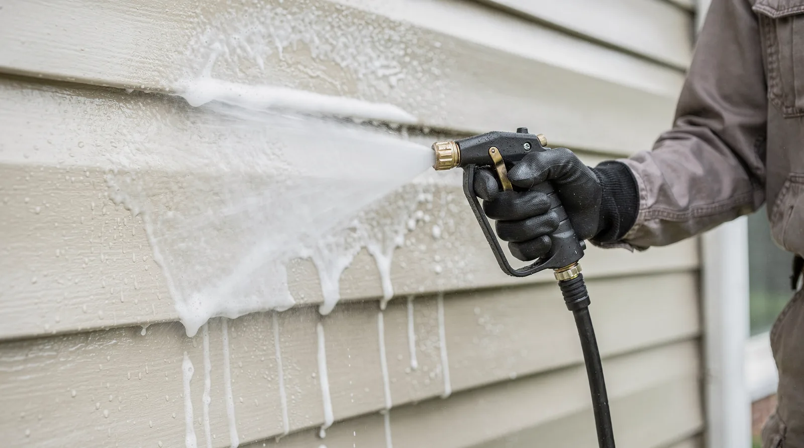 The soft wash method uses less water than other exterior cleaning methods.; The results