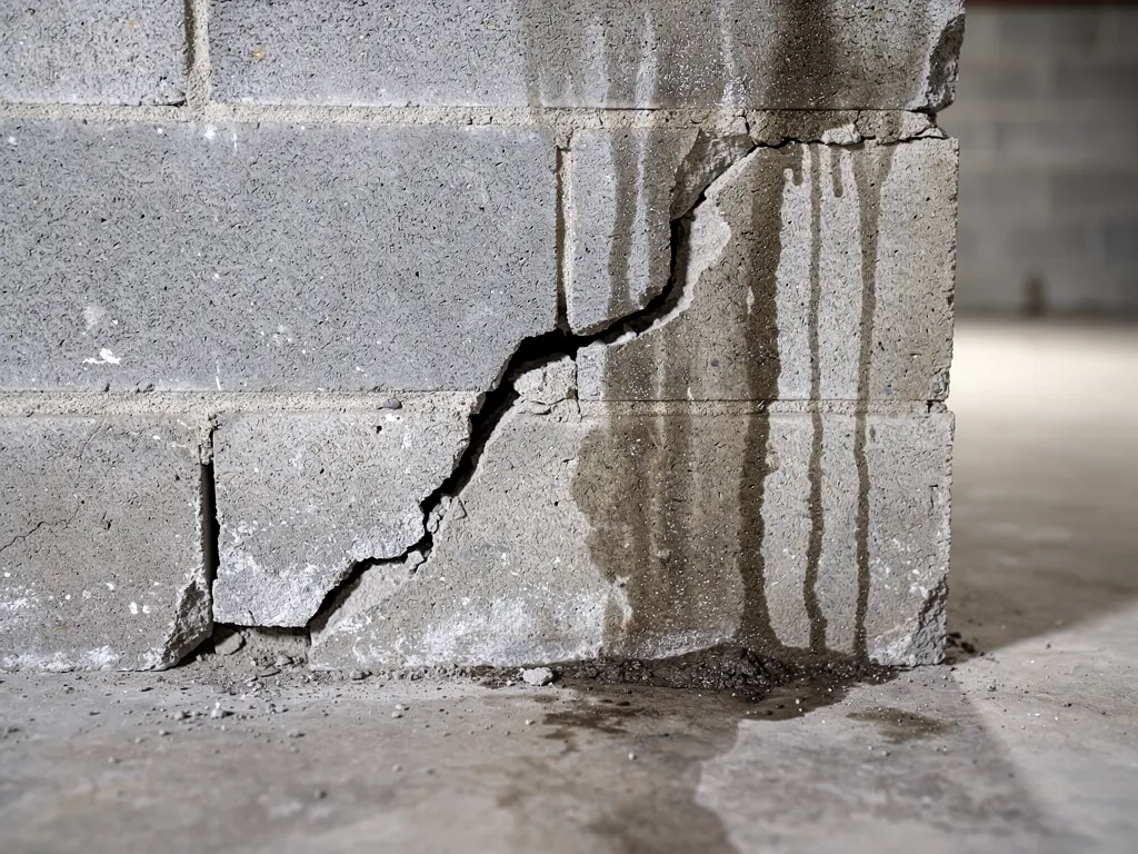 Foundation crack and basement water stains indicating structural settling