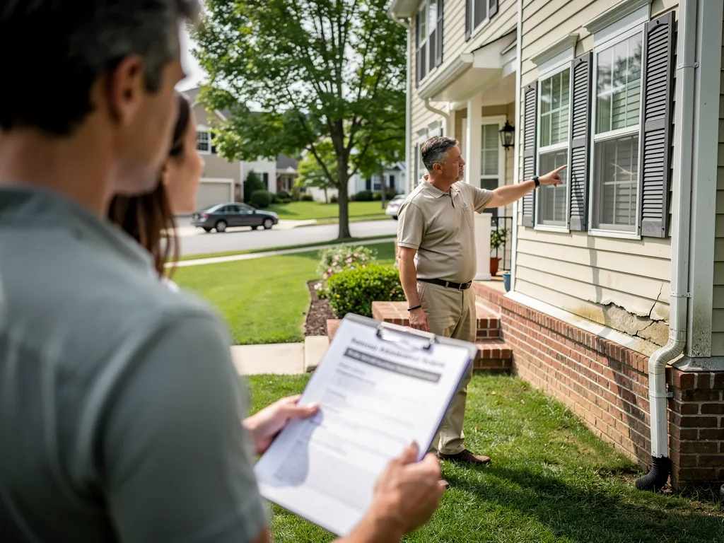 Homebuyers reviewing disclosure documents with inspector before a home inspection