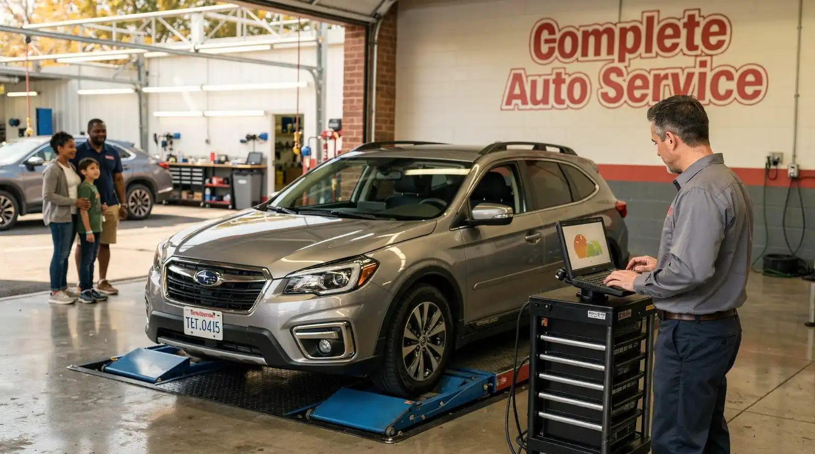 Every visit starts with the car placed directly on a high-end diagnostic machine.; A lit