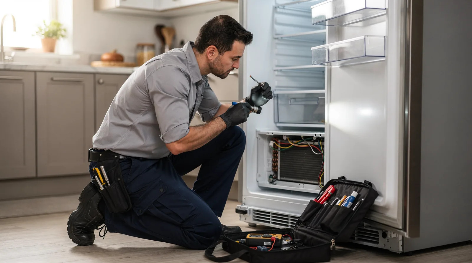 During a service visit, technicians identify the problematic parts inside the fridge and determine