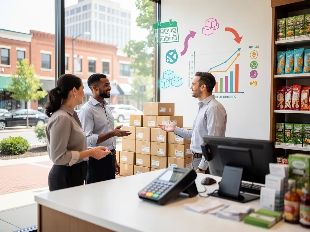 Small business owner reviewing payroll and cash flow documents in an office