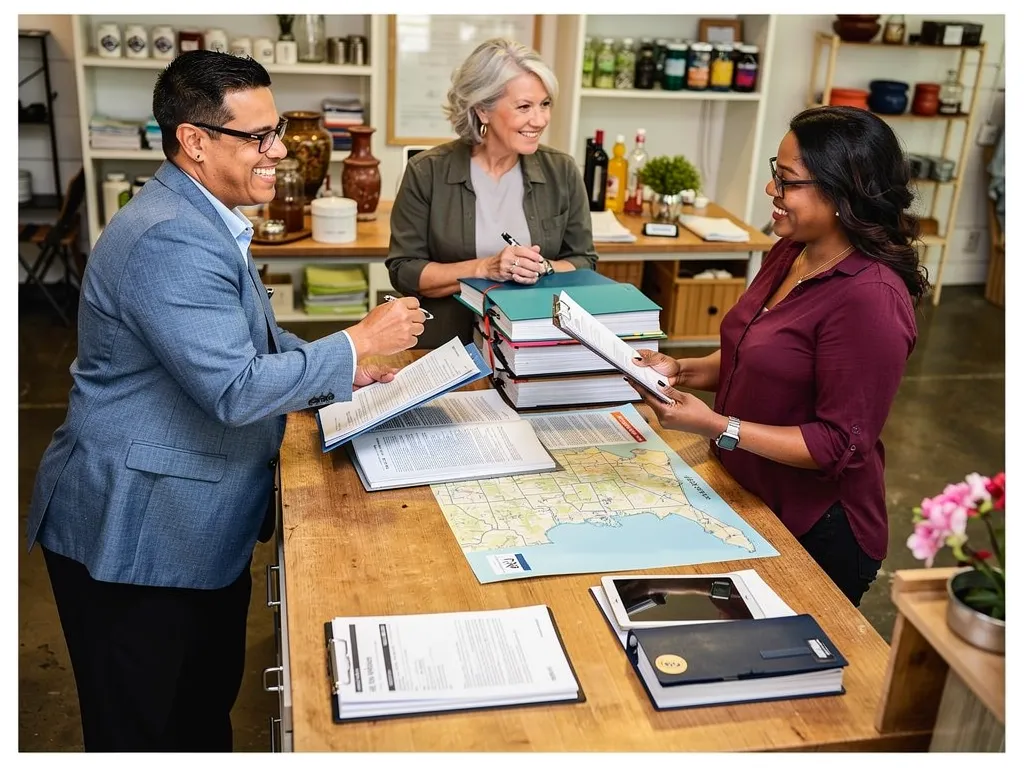 Entrepreneur reviewing loan documents at a desk in Virginia office