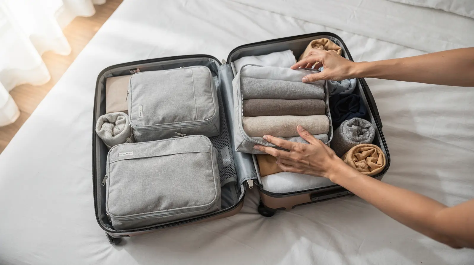 Compressing clothing doubles the packing space in each family member's bag, fitting far more outfits per carry-on
