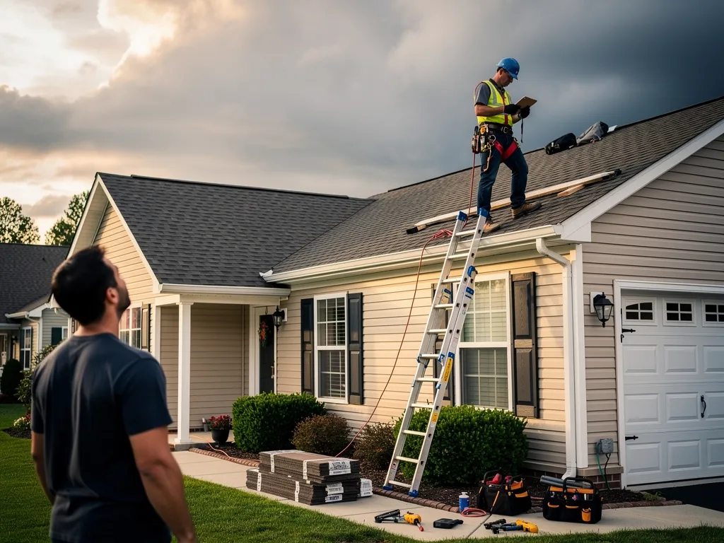 Homeowner reviewing roof damage with a contractor before storm season