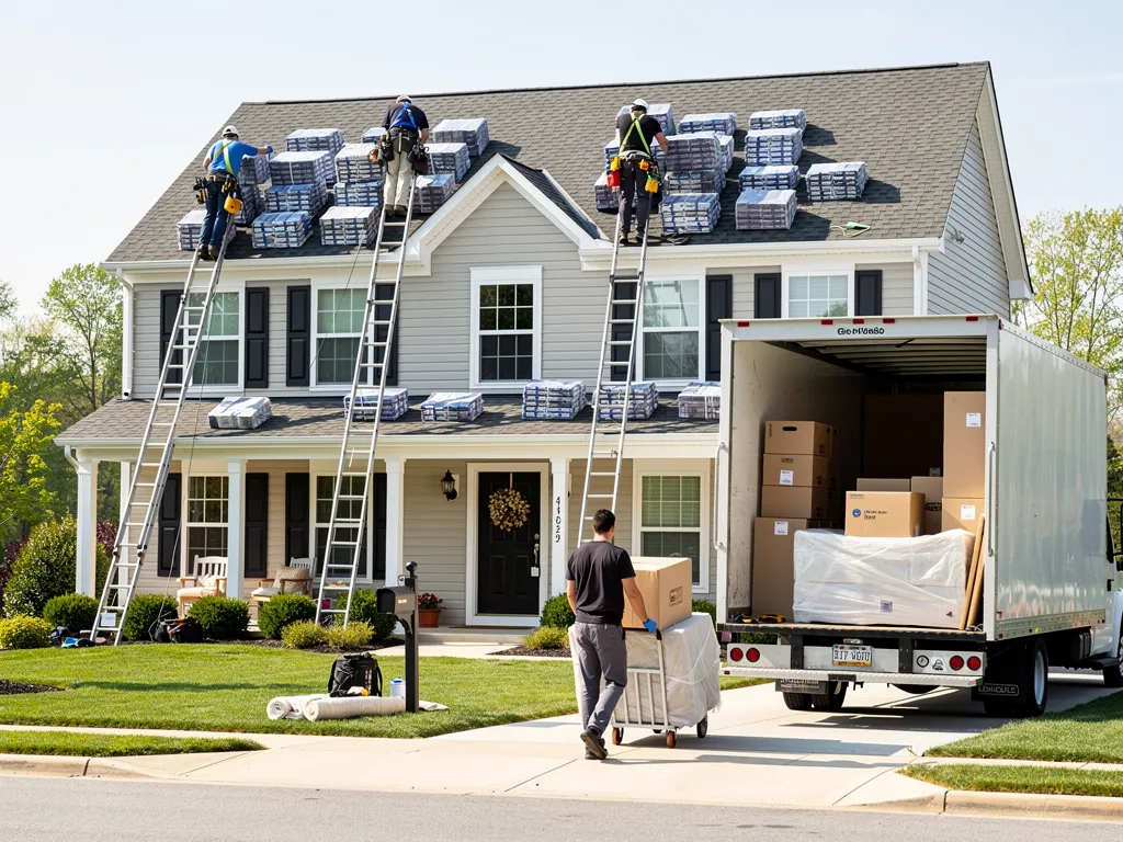 Moving boxes and furniture staged during a home renovation project