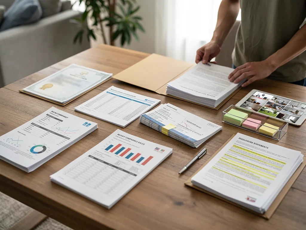 Stack of property title, deed, and inspection paperwork for a home sale