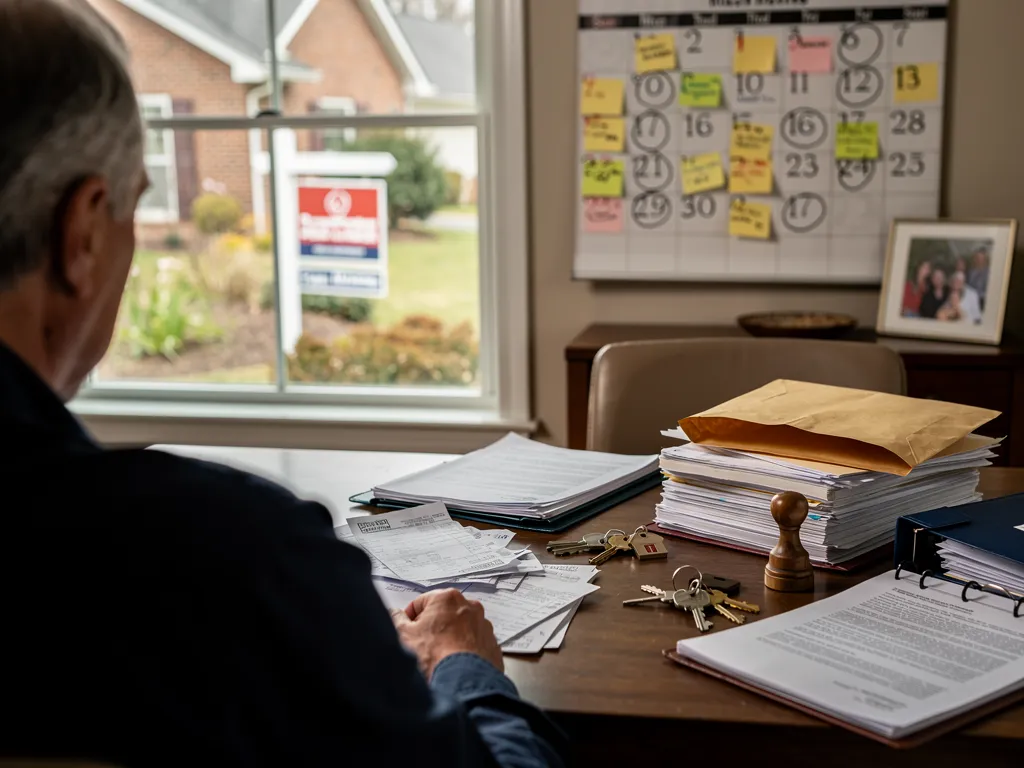 Stressed executor reviewing overdue estate bills and paperwork
