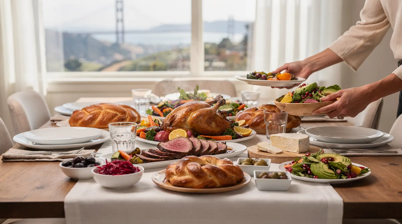 Traditional Bay Area kosher holiday spreads with brisket, challah, kugel and smoked fish