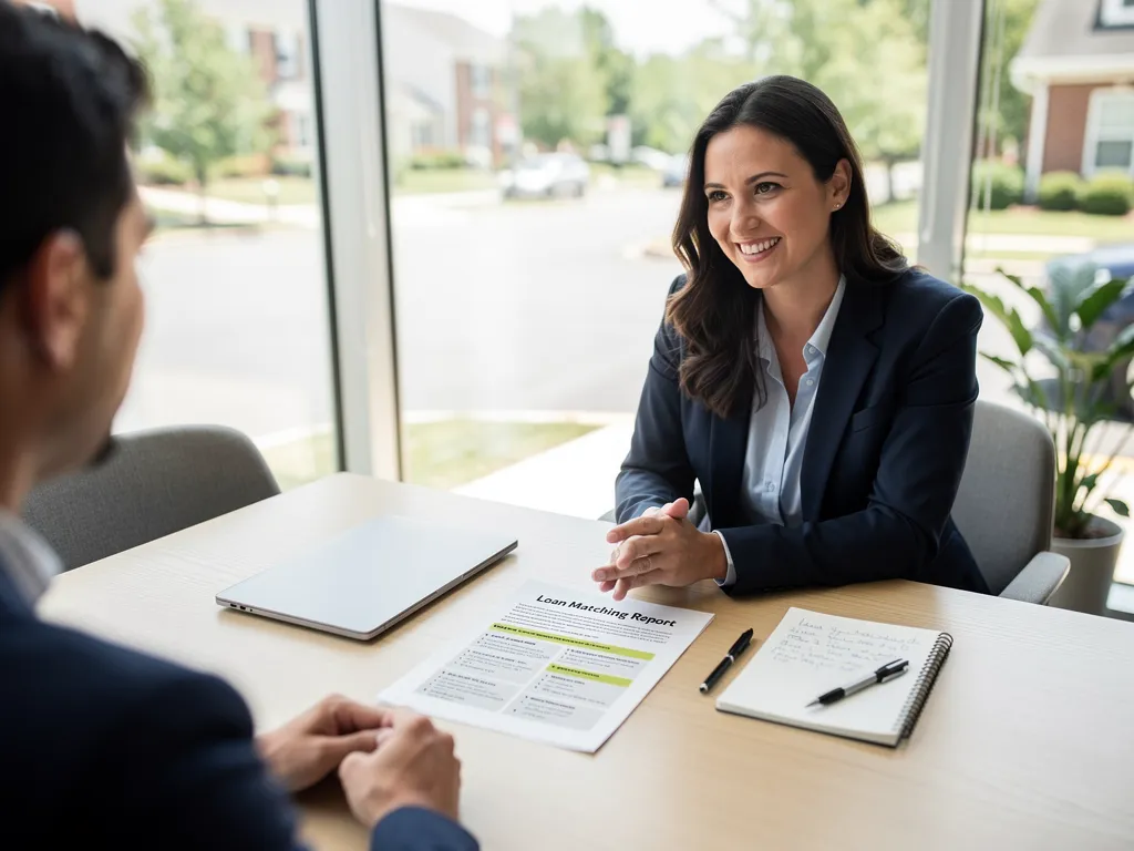 Business Credit Advisor guiding a client through a personalized loan-matching review
