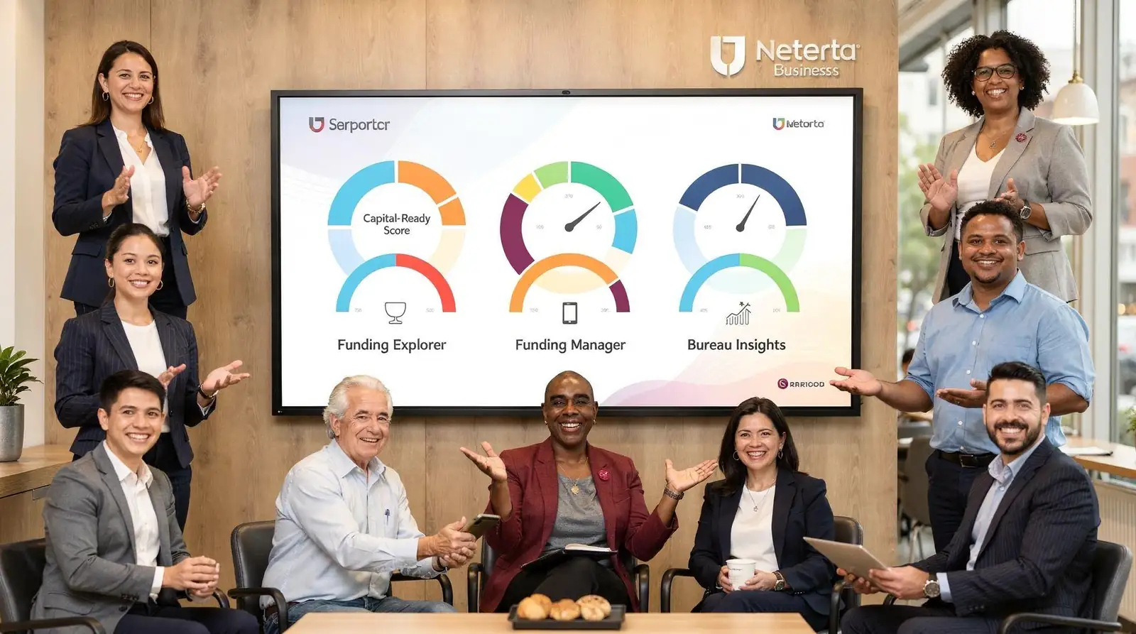 A proprietary platform highlights a Capital-Ready Score, Funding Explorer, Funding Manager, and Bureau Insights