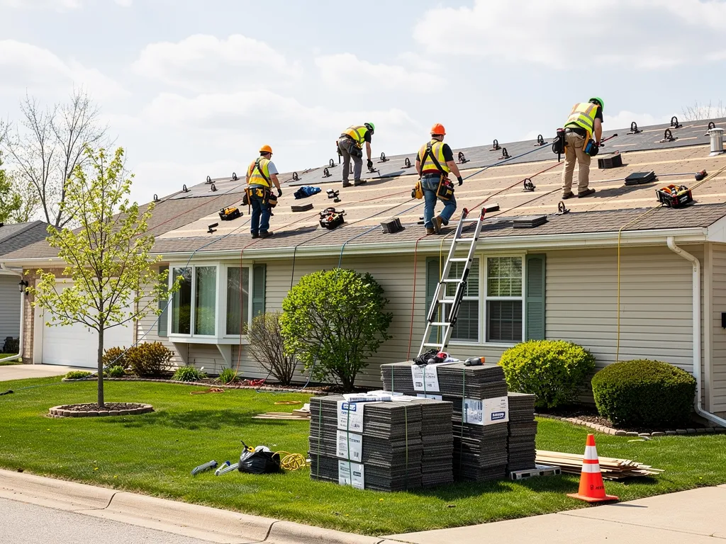 Roofing crew in hard hats and safety harnesses repairing shingles safely