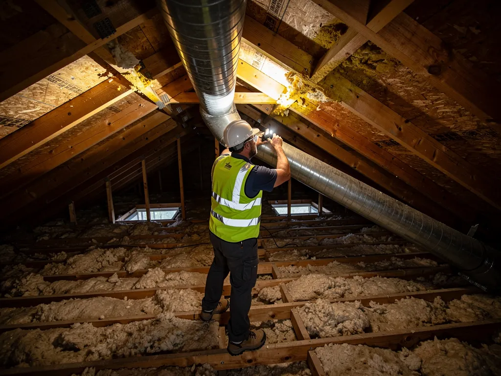 Roofer in helmet and safety gear inspecting attic for water stains and leaks