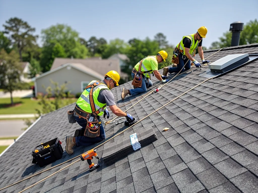 Roofing technicians wearing helmets and safety gear during a repair
